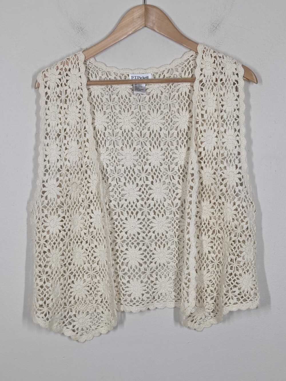 Vtg 90s Cream Floral Crochet Knit Vest M Boho Hippie Festival Romantic Coastal